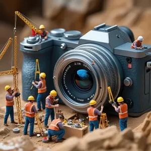 دانلود عکس با کیفیت تعمیر و ساخت دوربین با کارگران مینیاتوری