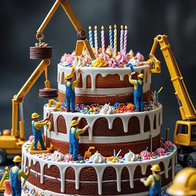 دانلود عکس با کیفیت تزئین کیک تولد با کارگران مینیاتوری