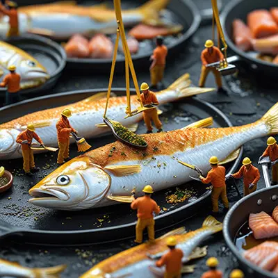 دانلود عکس با کیفیت آماده‌سازی ماهی تازه با کارگران مینیاتوری