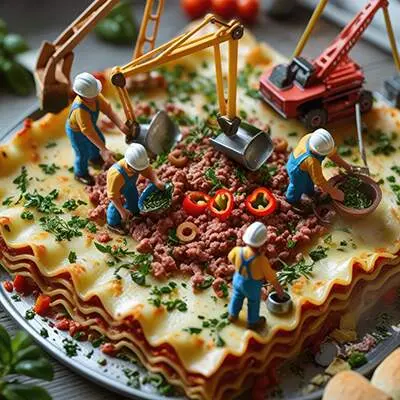 دانلود عکس با کیفیت کارگران مینیاتوری مشغول آماده‌سازی لازانیا
