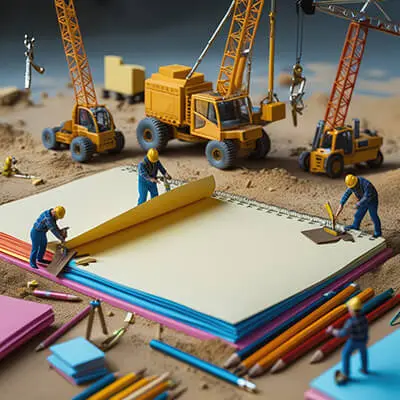 دانلود عکس با کیفیت کارگران مینیاتوری در حال  ساخت دفتر و لوازم تحریر