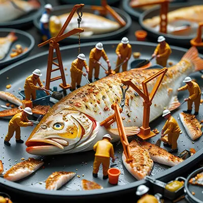 دانلود عکس با کیفیت پخت ماهی توسط کارگران مینیاتوری