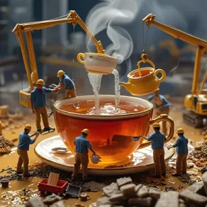دانلود عکس با کیفیت کارگران مینیاتوری و فنجان چای