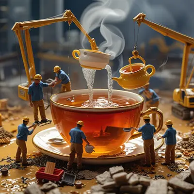 دانلود عکس با کیفیت کارگران مینیاتوری و فنجان چای