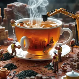 دانلود عکس با کیفیت کارگران مینیاتوری و فنجان چای