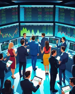 دانلود عکس با کیفیت تحلیل لحظه‌ای بازار در سالن معاملات
