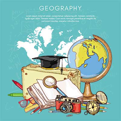 دانلود وکتور لایه باز پوستر جغرافیا با المان‌های آموزشی و نقشه قاره‌ها