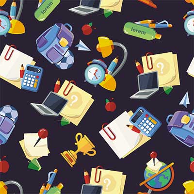 دانلود وکتور لایه‌ باز پترن آموزشی و لوازم‌التحریر مدرسه‌ای با پس‌زمینه تیره