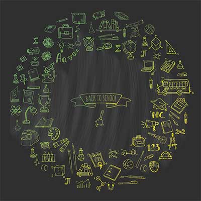 دانلود رایگان وکتور لایه‌ باز پوستر آموزشی و المان‌های مدرسه‌ای با سبک گچی و چیدمان دایره‌ای