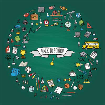 دانلود رایگان وکتور لایه‌ باز پوستر آموزشی و المان‌های مدرسه‌ای با چیدمان دایره‌ای رنگی