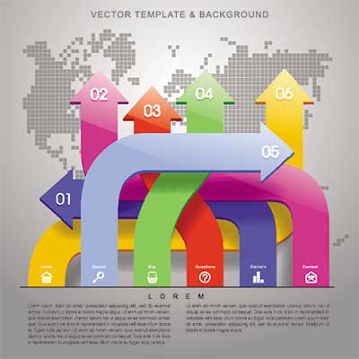 دانلود وکتور لایه‌ باز اینفوگرافی مسیرهای رنگی با فلش‌های چندشاخه