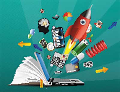 دانلود رایگان وکتور لایه‌ باز انفجار آموزشی و خلاقیت رنگی از کتاب و لپ‌تاپ